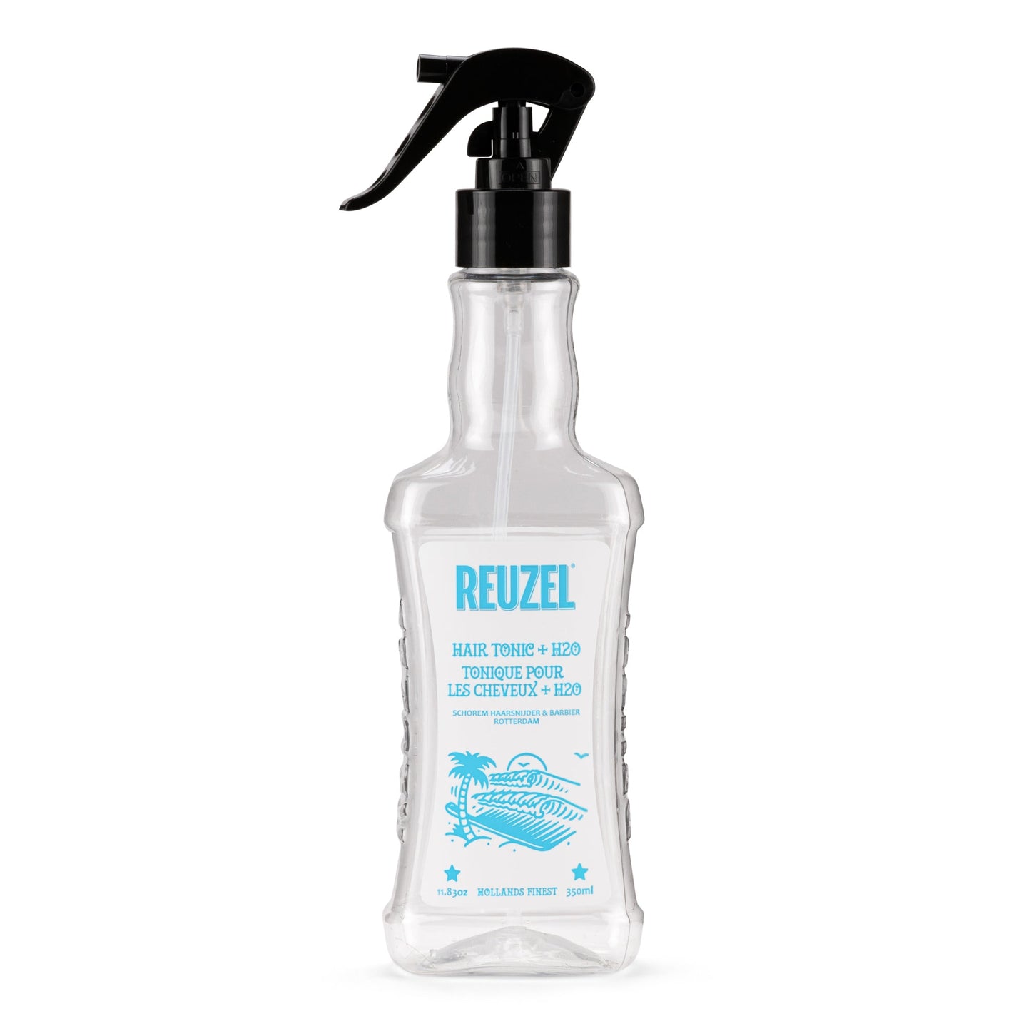 Clear spray bottle with black nozzle labeled 'Reuzel' on a white background