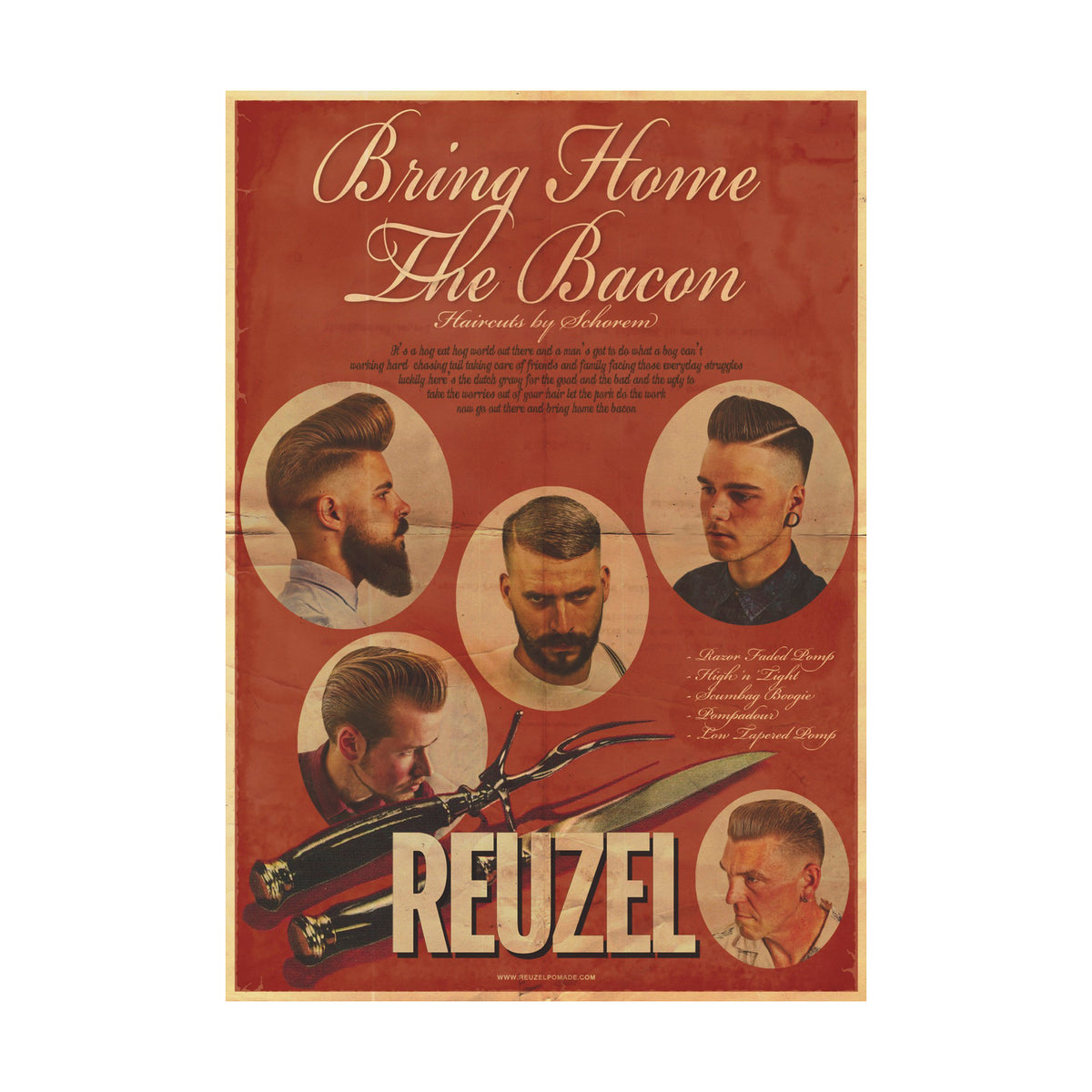 Reuzel Bring Home The Bacon poster featuring bold text and vintage-style design, ideal for barber shop or grooming room decor.