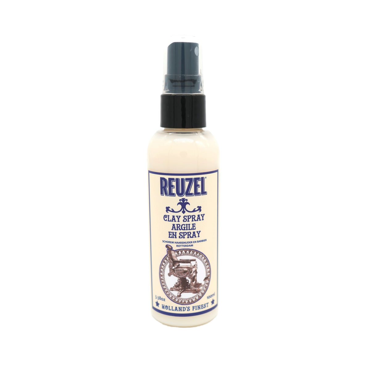 Reuzel Clay Spray hair styling product in a spray bottle, designed for textured, matte finish hairstyles.