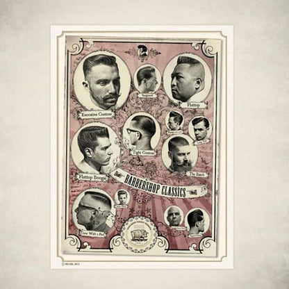 Reuzel Barbershop Classics poster featuring vintage barber tools and classic grooming imagery for wall decor.