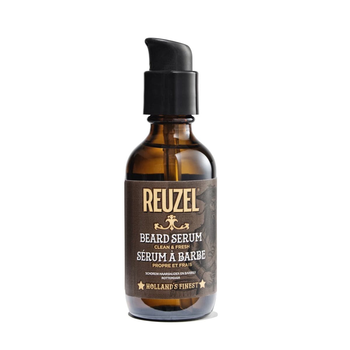 A bottle of Reuzel Clean & Fresh Beard Serum with a pump dispenser, labeled for strengthening and styling beards.