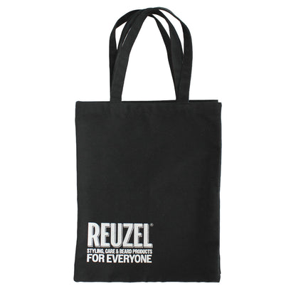 Black tote bag with Reuzel logo and text on a white background