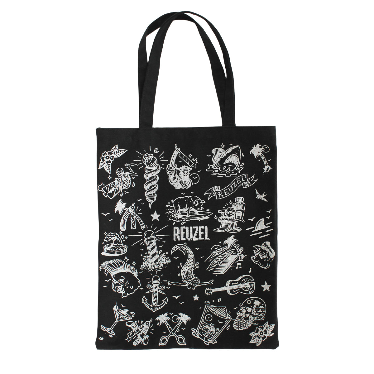 Black tote bag with white graphics and 'REUZEL' branding on a white background
