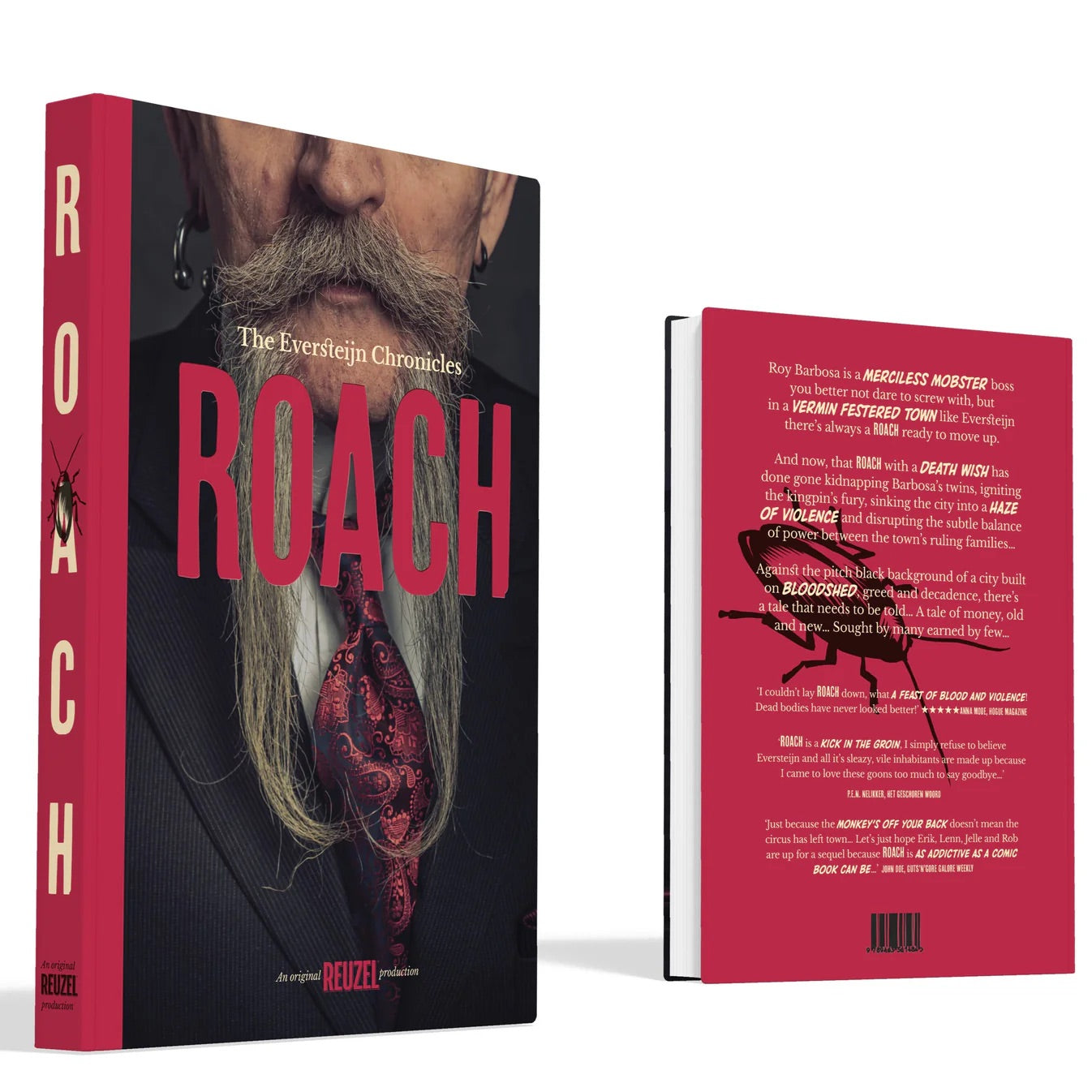 Book cover of 'Roach' with a red spine and black background published by Reuzel and Schorem