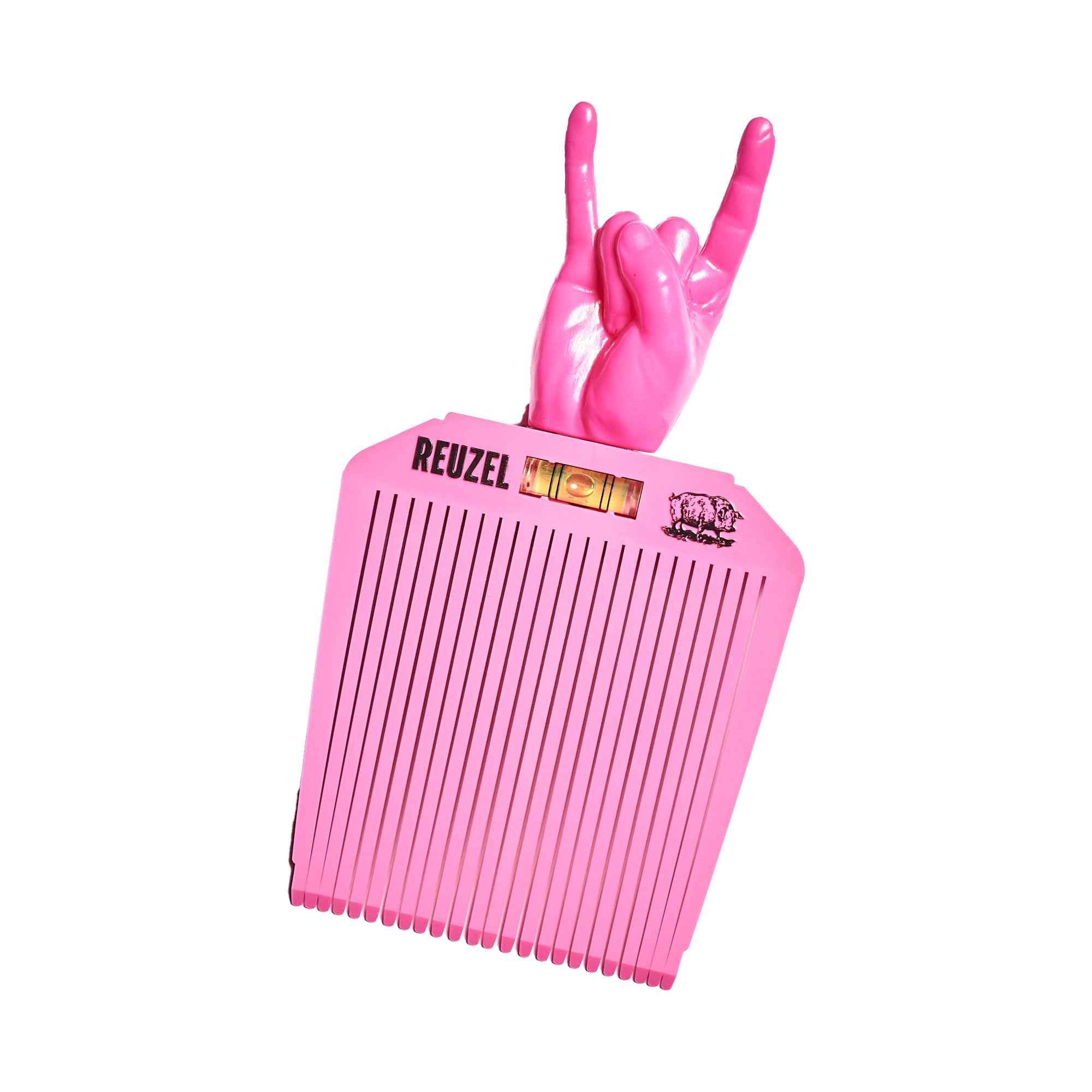 Pink comb with a hand making a rock sign on a white background, featuring the Reuzel brand.