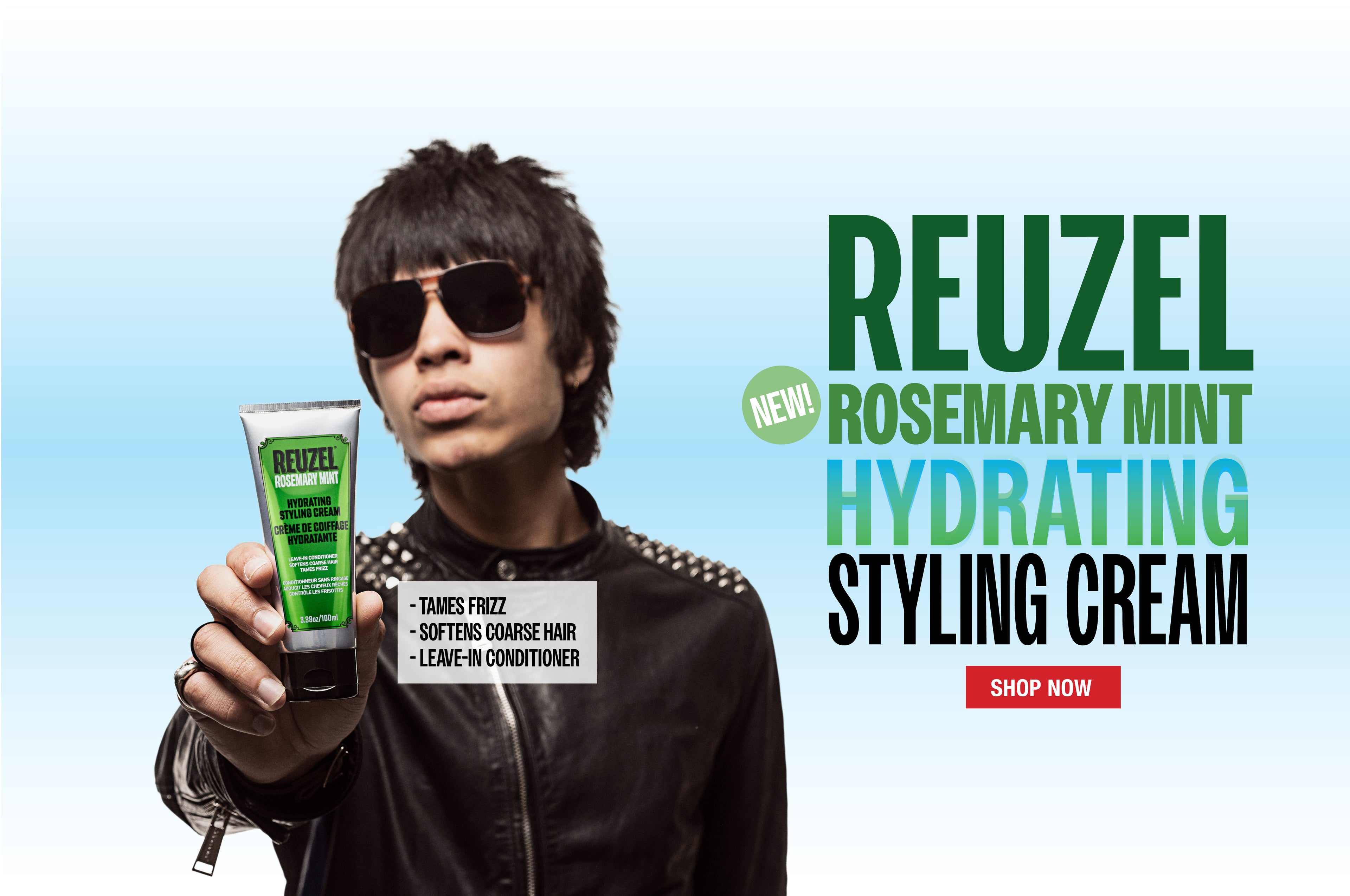 A promotional banner for Reuzel Rosemary Mint Hydrating Styling Cream, featuring a man in sunglasses holding up the green and white styling cream tube against a light blue gradient background with product text on the right.