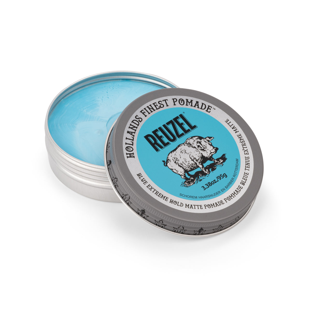 Reuzel Blue Extreme Hold Matte Pomade jar with blue label and lid, showcasing the product packaging and branding.