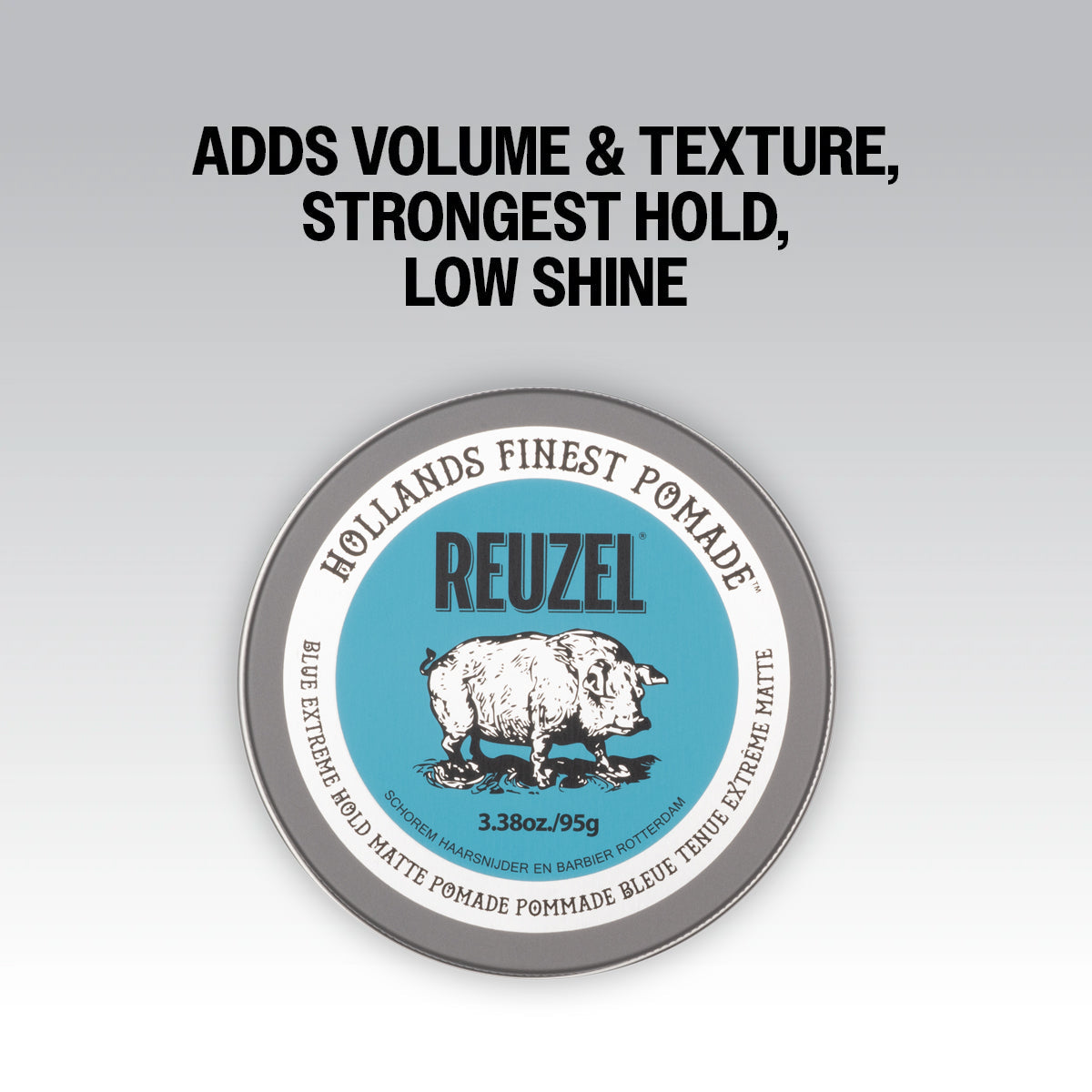 Reuzel Blue Extreme Hold Matte Pomade jar with blue label and black lid, showcasing the product's packaging and branding.