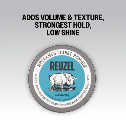 Reuzel Blue Extreme Hold Matte Pomade jar with blue label and black lid, showcasing the product's packaging and branding.