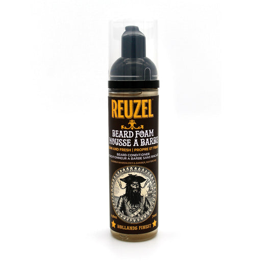 Reuzel Clean & Fresh Beard Foam in a bottle, showcasing a grooming product for beard care and freshness.