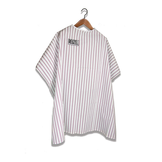 Traditional white Barber Cape with burgundy stripes with 'Reuzel' logo on a white background