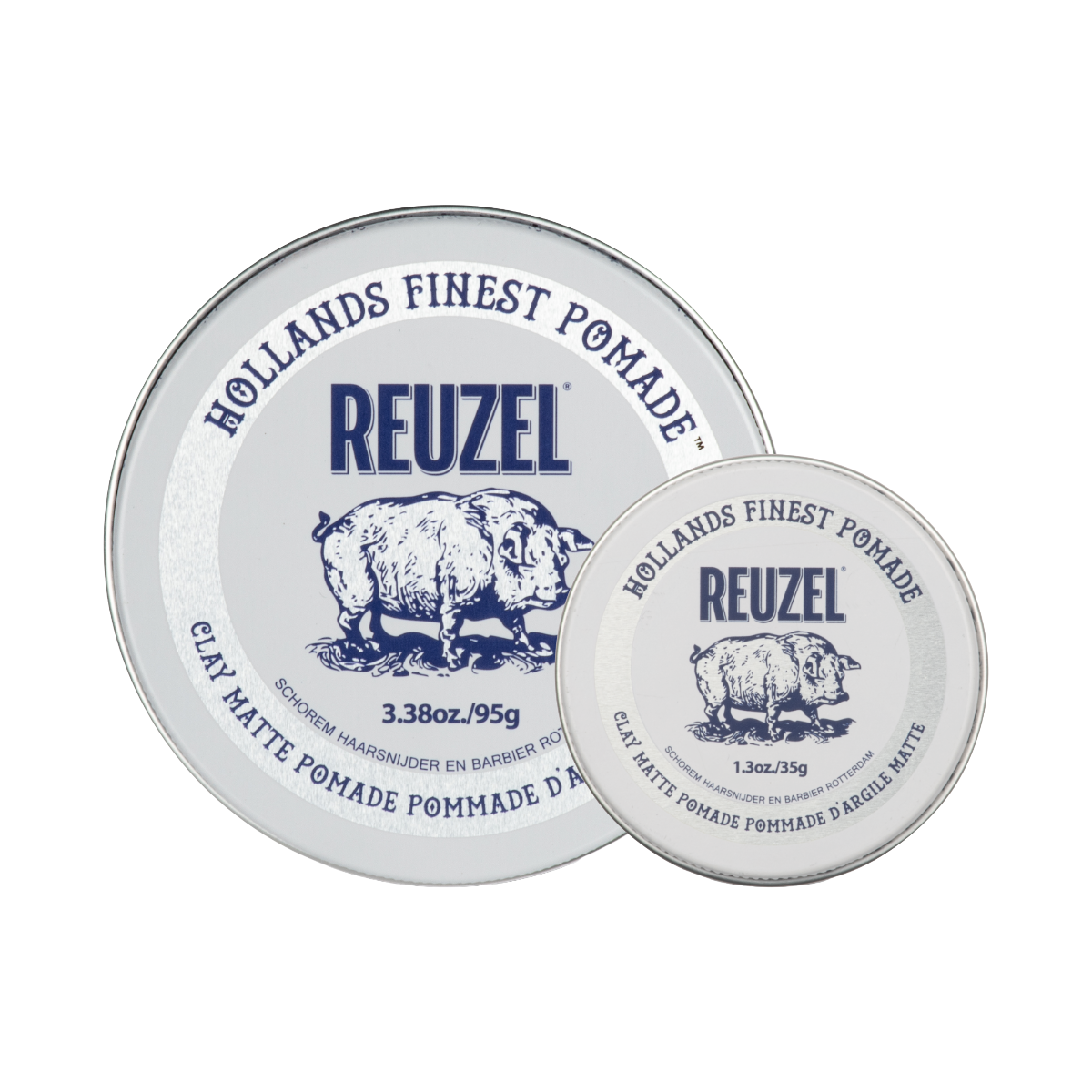 Reuzel Road Trip To Go Clay Pomade jar with label, showcasing the pomade's packaging and product details.