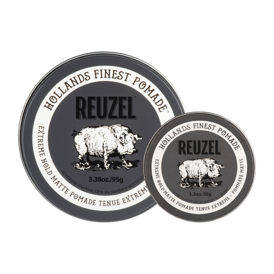 Reuzel Road Trip To Go Extreme Hold Matte Pomade jar with black label, designed for strong hold and matte finish styling.