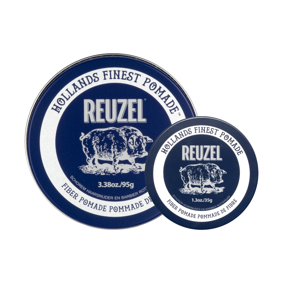 Reuzel Road Trip To Go Fiber Pomade jar with label, showcasing a hair styling product in a compact container.