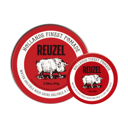 Reuzel Road Trip To Go Red Pomade jar with its label and red lid, ideal for styling hair on the go.