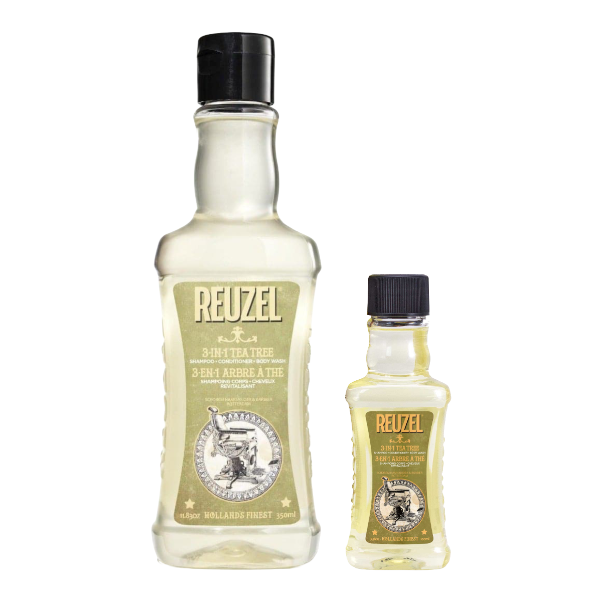Reuzel Road Trip To Go 3-in-1 Tea Tree Shampoo, Conditioner, and Body Wash bottle on a travel-themed background